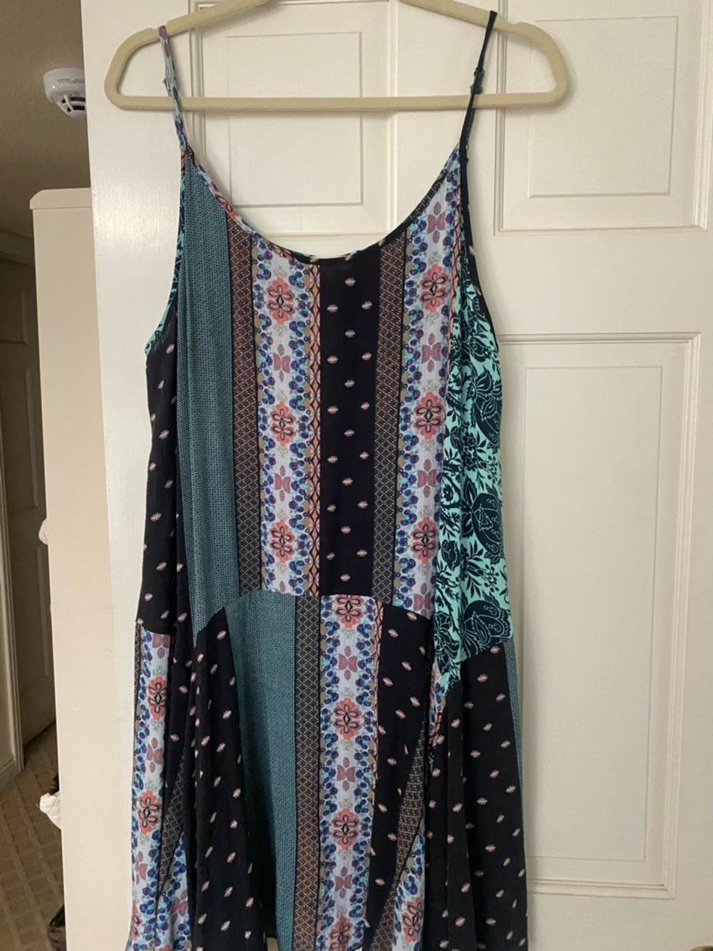 eesome Mixed-Print Patchwork Midi Dress in Teal, Navy and Coral
